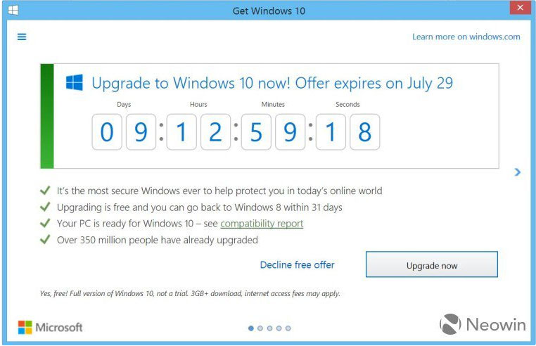 Обновление до Windows 10 стало платным